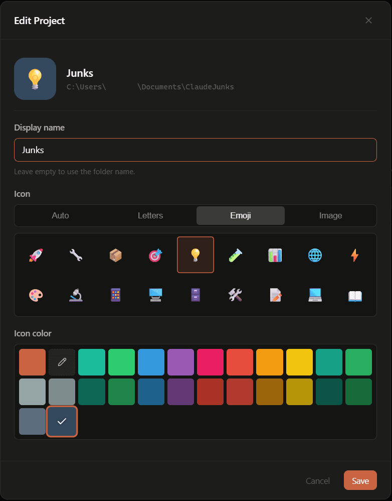Edit project dialog showing rename, emoji, image, and color options