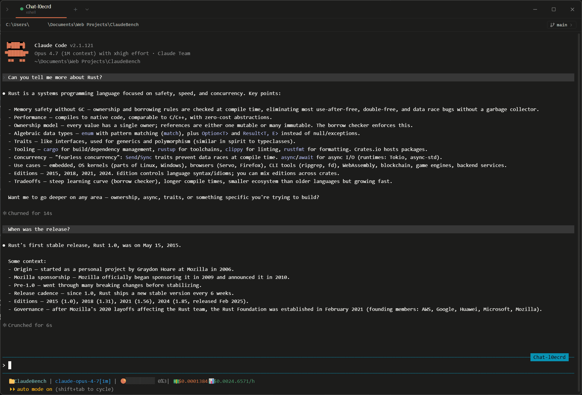 A real Claude Code session running in xshell's xterm.js terminal
