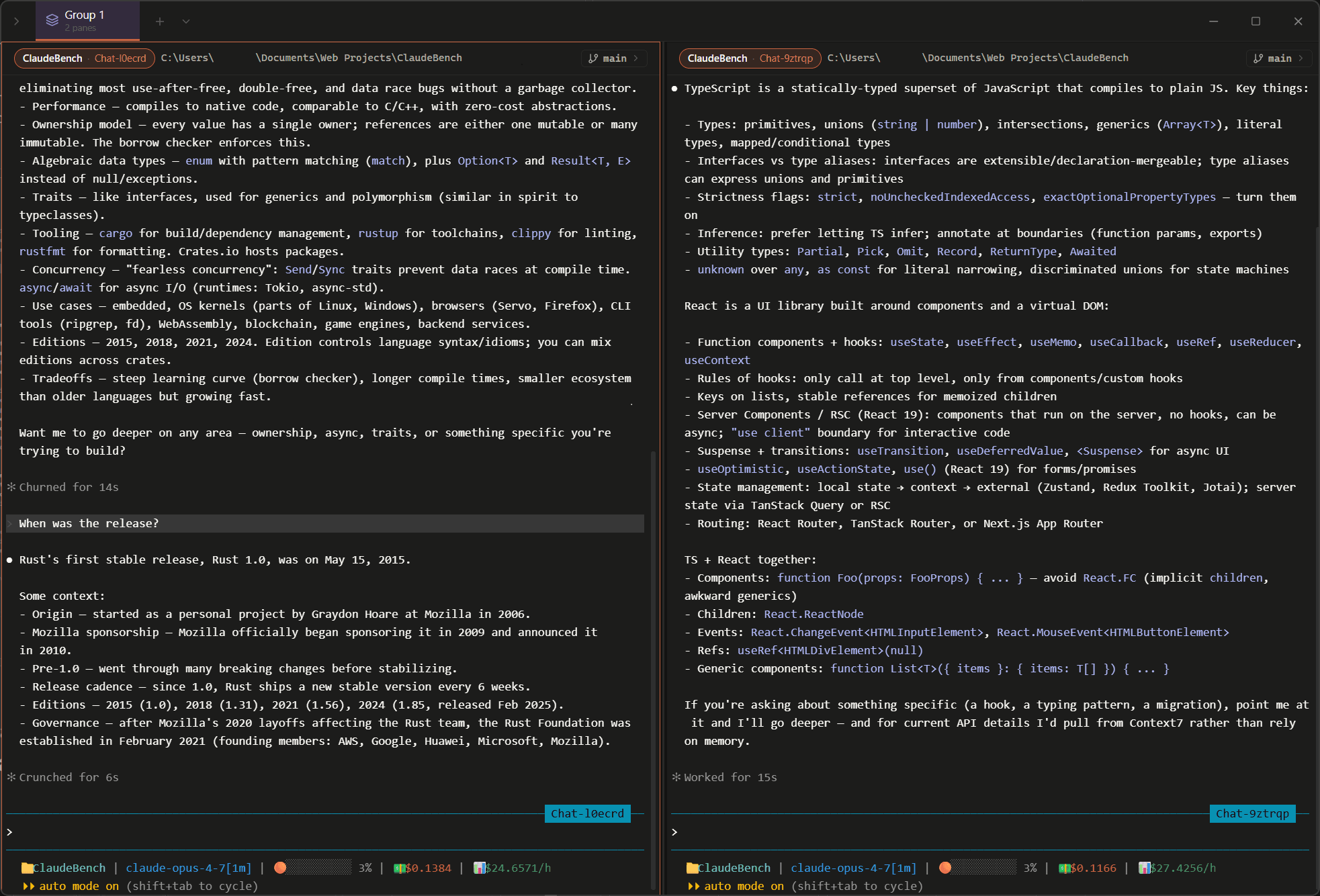 Two Claude Code sessions running side by side in split panes